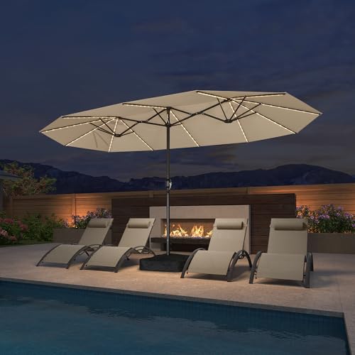 PURPLE LEAF 14ft Patio Market Umbrella with Solar LED and Base Double-Sided Rectangle Outdoor Table Sun Umbrellas with Crank for Pool Beach Deck Backyard Khaki - color: Beige, size: 14' X 8' with Lights