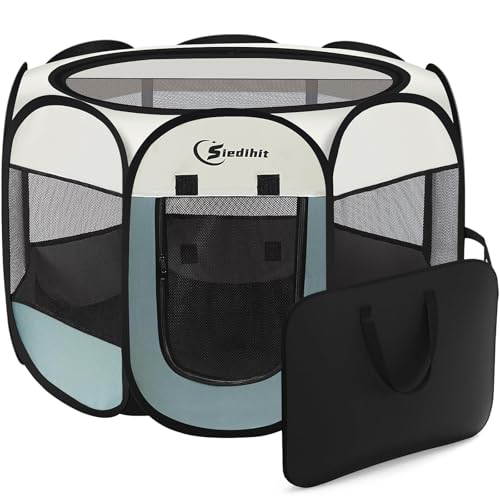 Siedihit Dog Cat Playpen, Puppy Pet Playpen Indoor for Small Dog Crate Tent Cage Outdoor, Portable Pop Up Dogs Enclosure Kennel with Carrying Case for Dogs/Cats/Rabbits(Grey, Small - color: Grey
