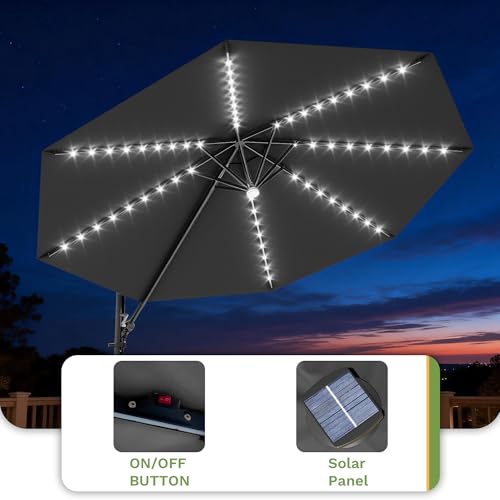 Patiowell 10 FT Patio Umbrella with Solar LED Light, Outdoor Cantilever Umbrella with 360 Degree Rotation, Outside Large Round Sun Umbrella with Frame for Backyard Garden Poolside, Black - color: Black with Light, size: 10 FT