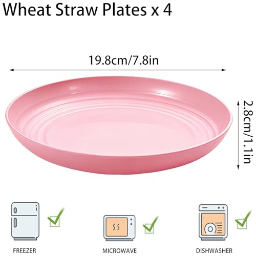 4 Pcs Unbreakable Wheat Straw Dinner Plates, 7.8 Inch Reusable Plastic Plates, Lightweight Plates for Kitchen Camping Dessert Salad, Microwave & Dishwasher Safe (Pink) - color: Pink