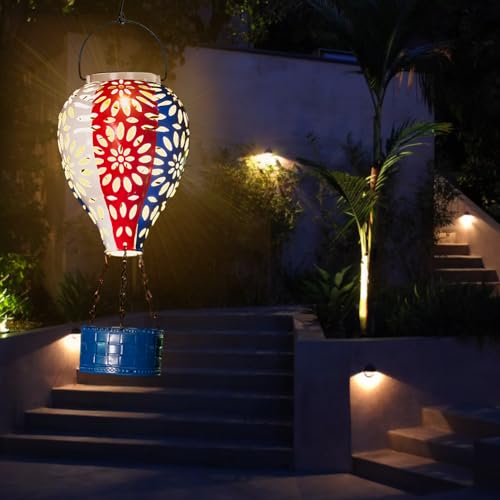 Solar Hot Air Balloon Lantern,Hanging Lantern Outdoor Waterproof Decorative Metal LED Solar Lights for Trees Patio Garden Yard Porch Decor, Flag - style: Flag