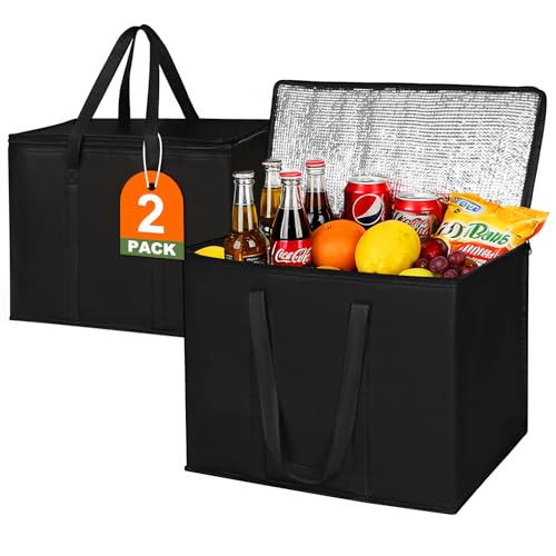 JNYONG 2 Pack Insulated Reusable Grocery Shopping Bags with zippered top,Food Delivery Bag,Collapsible Cooler Bag for Frozen Foods - size: 2 Pack