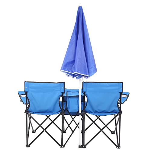 Double Folding Camping Chair W/Umbrella Fold Up Table Beverage Holder Carrying Bag Cooler for Patio Pool Park Outdoor Beach, Picnic, Portable (Blue) - color: Blue