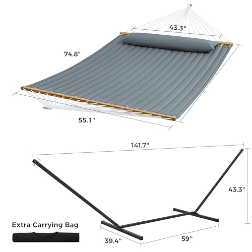 SUPERJARE Hammock with Stand, 2 Person Quilted Outdoor Hammock, Detachable Pillow & Bamboo Spreaders, Portable Hammock with Carrying Bag, Heavy Duty Stand, Perfect for Outside, Patio, Neutral Gray - color: Neutral Gray, size: 55.1"W × 74.8''D × 43.3''H