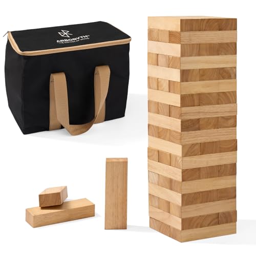 Giant Stacking Tower Game Over 5 FT - Premium Wooden Blocks Stacking Tower Game for Family Party, BBQ & Lawn Games - Natural