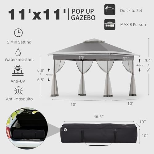 Bezseller 11x11 Pop Up Gazebo with Mosquito Netting, Easy 1-Person Setup Outdoor Canopy, Water-Resistant Portable Shelter for Patio, Backyard & Garden, UV Protection, Deep Grey - color: Deep Grey, size: 11"x11"