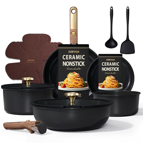 CAROTE 15Pcs Ceramic Cookware Set, Pots and Pans Set Non stick, Kitchen Cooking Set with Detachable Handle, Non Toxic Induction Cookware, Dishwasher/Oven Safe, PFAS Free, Black&Gold - color: Black