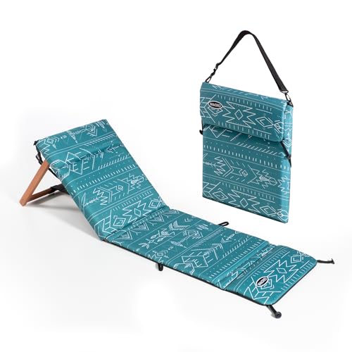 Wacho Outdoor Folding Beach Chair – Ultralight Reclining with Adjustable Wooden Backrest, Foam Padding & Water-Resistant Recycled Fabric – Portable Lounge Chair for Beach, Camping, Picnic – Blue Green - color: Blue Green