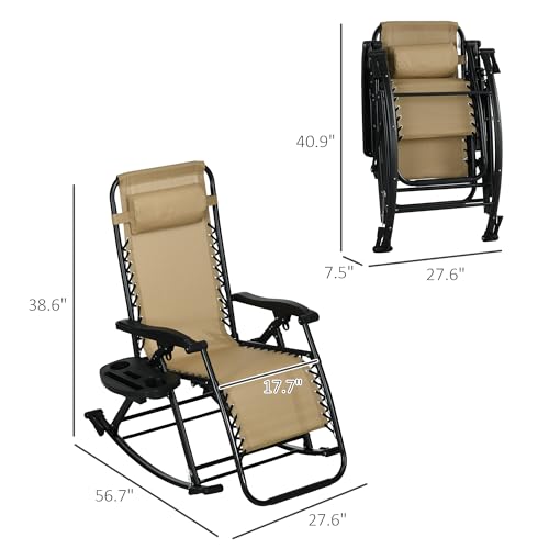 Outsunny Set of 2 Outdoor Rocking Chairs, Foldable Reclining Zero Gravity Lounge Rocker with Pillow, Cup & Phone Holder, Combo Design with Folding Legs, Beige - color: Beige, size: 2 Packs