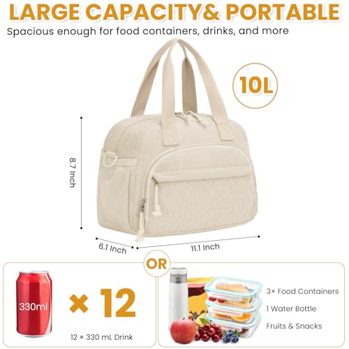 ELONGRIVER Corduroy Insulated Lunch Bag for Women Teen Girls, Portable Adult Lunch Box, Reusable Tote Cooler Bags, Lightweight Womens Lunch Bags with Front Pockets for Work School Picnic Travel, Beige - color: Beige