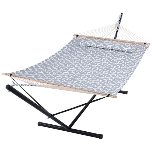 SUNCREAT 55 Inch Extra Large Double Hammock with Stand, 475lbs Capacity, Outdoor Portable Hammock with Hardwood Spreader Bar, Extra Large Pillow, Grey - color: Light Grey, size: 12 ft Stand
