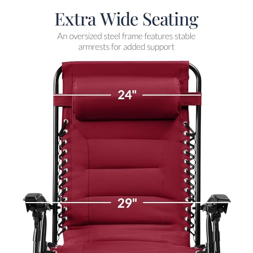 Best Choice Products Oversized Padded Zero Gravity Chair, Folding Outdoor Patio Recliner, XL Anti Gravity Lounger for Backyard w/Headrest, Cup Holder, Side Tray, Polyester Mesh - Burgundy - color: Burgundy