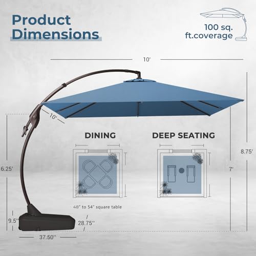 Grand patio Sunbrella 10x10 FT Cantilever Umbrella with Base Included Patio Square Aluminum Offset Umbrellas for Outdoor Pool (Sapphire Blue, 10X10 FT-SUNBRELLA) - color: Sapphire Blue-SUNBRELLA, size: 10X10 FT