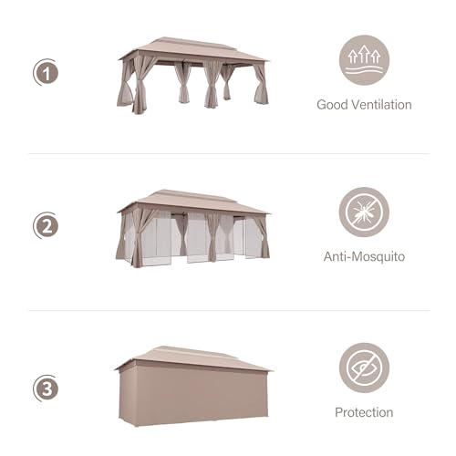 LAUSAINT HOME 10'x20' Outdoor Patio Gazebo with 100FT String Lights, Heavy Duty Party Tent & Shelter with Double Roofs, Mosquito Nettings and Privacy Screens for Backyard, Garden, Deck (Khaki) - color: Khaki, size: 10'x20' with lights