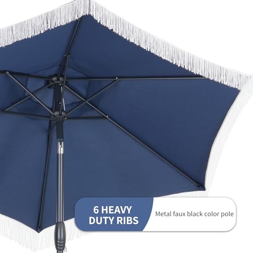 GDY 7.5 ft Tassel Patio Umbrella, Fringe with Umbrella Base - Stylish Beach, Pool, and Yard Umbrella for Ultimate Outdoor Decor, Navy Blue - color: Dark Blue, size: Umbrella+Base