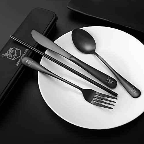 Boulder Bee | Travel Utensils Set | Reusable Camping Cutlery Set | Stainless Steel Flatware Set | Portable Silverware Set with Case | Includes Knife/Fork/Spoon/Straw/Cleaning Cloth/Case (Black) - color: Black