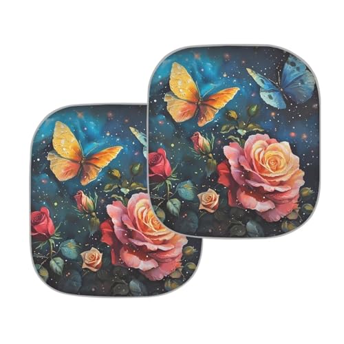 Butterfly Rose Sun Shade Blocking Sun Protection Cover for Car Portable Windshield Sun Shade 2-Piece Car Front Window Sunshade Blocks UV Rays Sun Visor - color: Butterfly Rose