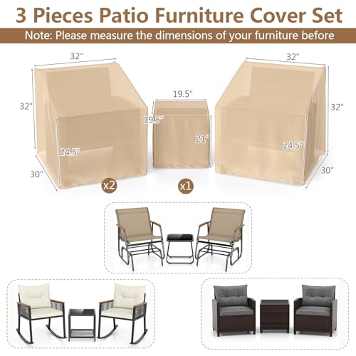 Tangkula Patio Furniture Covers 3 Piece Set, Waterproof Outdoor Conversation Covers for 3 Pieces Bistro Set, Heavy Duty Sofa Cover Set for 2 Chairs & Side Table, 32” x 30” x 32”, 19.5” x 19.5” x 21” - size: 32" W x 30" D x 32" H