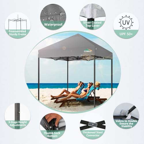 COBIZI 6.6x6.6ft Pop Up Canopy, Heavy Duty Tent Canopy Easy Set up All Weather Waterproof Outdoor Canopy Tent for Parties, Beach, Garden, Camping with 1 Handbag, 3 Adjustable Heights, UPF50+, Grey - color: Gray, size: 6.6x6.6 Without Sidewalls