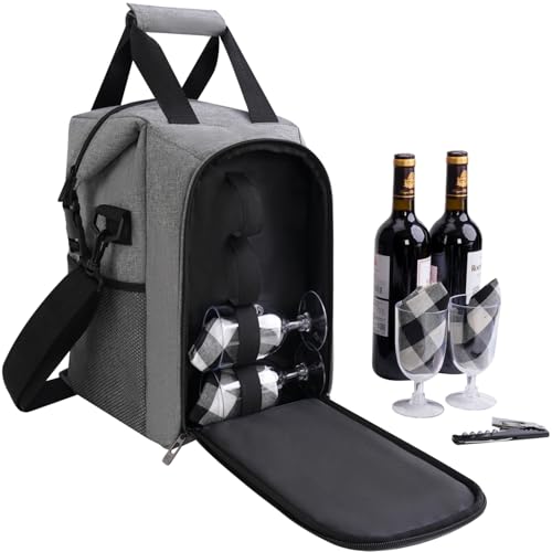 ALLCAMP 4 Bottle Wine Gift Bag - Insulated Tote Cooler, Adjustable Strap, Includes 4 Wine Glasses, Napkins & Corkscrew, Portable Travel Gifting(Gray) - color: Ash Gray, size: 4 Bottle