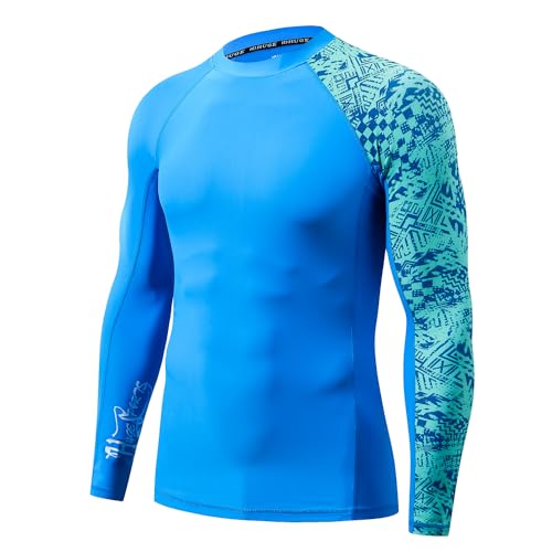 HUGE SPORTS Men's Rash Guard Long Sleeves UPF 50+ UV Sun Protection Quick Drying Splice Compression Swim Shirts - color: Blue Digital, size: Medium