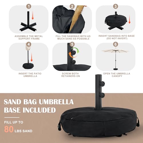 Sundale Outdoor Olefin 5-Year-Non-Fading Solar 80 LED 9 FT Solar Patio Umbrella with Sand Bag Base, Outdoor Umbrella with Tilt and Crank, Beige - color: Beige, size: 9FT
