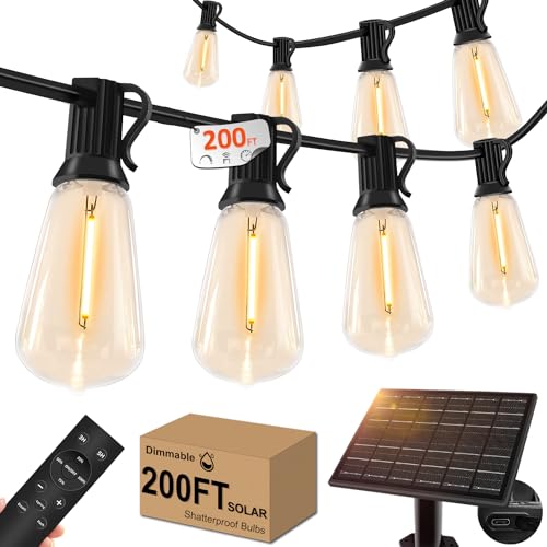 200ft Solar Outdoor String Lights with Remote - USB Rechargeable Solar Powered Outdoor Patio Lights - Larger 3.5W Solar Panel, Timer, Dimmable Shatterproof ST38 Bulbs for Backyard, Garden, Pool - size: 200 Feet