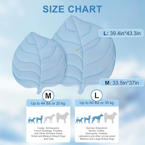 BEAUTYZOO Cooling Mat for Dogs & Cats, Dog Cooling Mat Q-Max>0.4, Double-Sided Pet Cool Pads for Summer, Crate, Kennel, Waterproof Outdoor Cooling Bed, Non-Gel Washable Chill Mats 43"x39" Leaf Shaped - color: Blue Leaf, size: Large