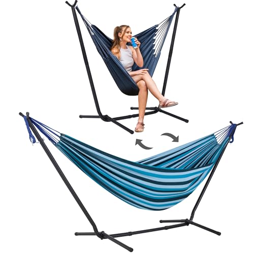 SUNCREAT 2-in-1 Convertible Backyard Fabric Hammock with Stand, Large Hammocks for Outside, Blue Stripes - color: A-blue Stripes