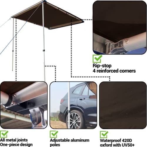 DANCHEL OUTDOOR Pull-Out Car Camper Awning Overlanding, Waterproof Roof Rack Vehicle Awning Truck Canopy Camping with All Metal Joints, 4.9x6.5ft Brown - color: Chocolate brown pull-out awning, size: 4.9x6.5ft