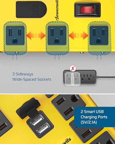 DEWENWILS Garage Power Strip Wall Mount, Wide Space 8-Outlet Industrial Power Strip with 2 USB, Metal Surge Protector 1440J, 14AWG 6FT Heavy Duty Extension Cord for Garage, Workshop, Yellow - size: 72 inches