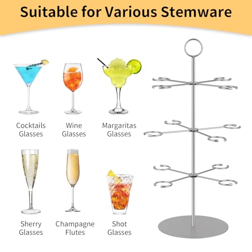 QPIX DIGITAL Cocktail Tree Stand, Metal Drink Tower, 3 Tier - 12 Holders For Champagne, Cocktails,Martini, Margarita Cups at Weddings, Bridal Shower, Mimosa Bar Parties & Events (Silver) - color: Silver, size: 24"x 13"-12 Holders