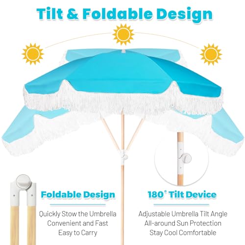 Lefedrasticity Boho Outdoor Umbrella with Tassels,6ft Table Umbrella Outdoor Patio with Knobs Tilt,Wind Resistant Portable Beach Umbrella UPF50+ Fringe Umbrellas For Pool Backyard Deck Garden - color: Blue Green