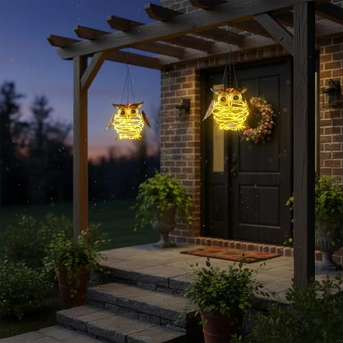 2 Pack Owl Solar Lights Outdoor Hanging Lantern with Handle, Solar Powered Owl Garden Decor for Outside Patio Yard Porch Pathway Owl Gifts for Women (Warm White LED Lights) - color: Brown-Owl