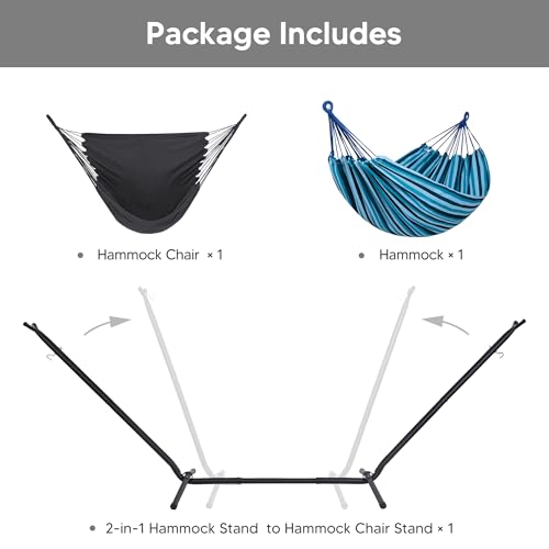 SUNCREAT 2-in-1 Convertible Backyard Fabric Hammock with Stand, Large Hammocks for Outside, Blue Stripes - color: A-blue Stripes