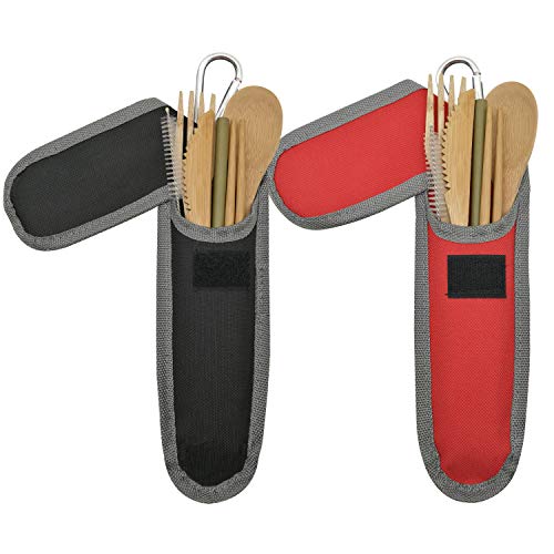 UPTRUST 2 Set Bamboo Cutlery Set Bamboo Travel Utensil Reusable Organic Bamboo Utensil Fork Knife Spoon Chopsticks Straw Cleaning Brush for Travel Picnic School Office（Black & Red） - color: Black/Red