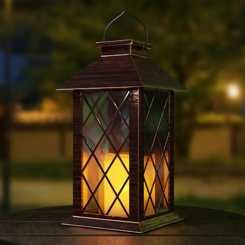 Outdoor Solar Lanterns, Waterproof Hanging Lantern with LED Flickering Flameless Candle, 13'' Bronze Outdoor Solar Powered Lantern Decor for Porch Patio Garden Balcony Pathway, 1 Pack - size: Bronze 1 Pack