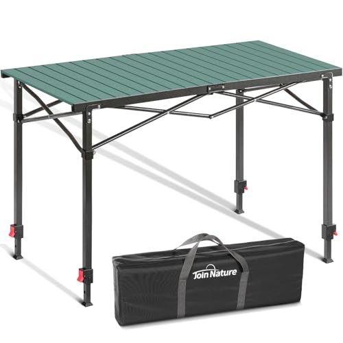 Join Nature Portable Outdoor Adjustable Height Camping Table, Large for 2-6 Person, Foldable Roll-up Aluminum Camp Table with Carry Bag for Picnic, Camp, Sturdy, Stable, Loads 220 Lbs (Green) - color: Green