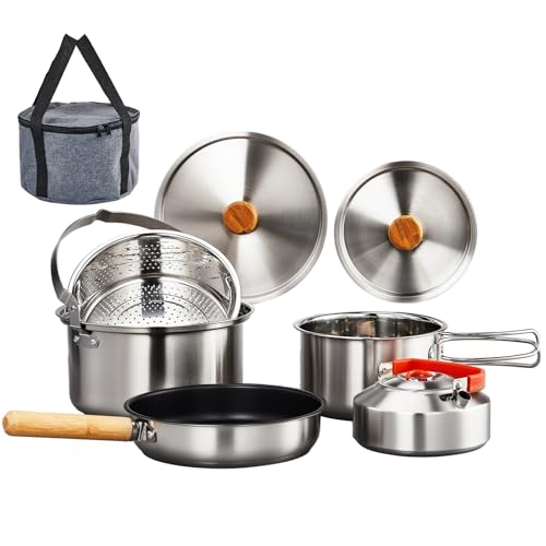 ROVSUN 34/10/6 pcs Camping Cookware Mess Kit, Lightweight Non-Stick Camping Cooking Pot and Pan Set with Stainless Steel Camping Gear Kettle Cup for Open Fire, Backpacking, Outdoor Cooking - style: 6 Pcs