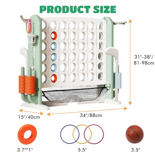 Giant 4-in-A-Row Connect Game Set, Adjustable Height Jumbo Yard Game with Golf, Basketball Hoop, Ring Toss & Mesh Pocket, Indoor & Outdoor Yard Connect Game for Kids Adults Family - color: Green