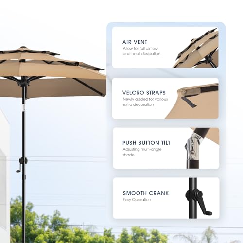 wikiwiki 10ft 3-Tier Patio Umbrella Outdoor Table Market Umbrella for Patio with Push Button Tilt/Crank, Fade Resistant Waterproof POLYESTER Canopy for Garden, Lawn, Deck, Backyard & Pool, Tan - color: Tan, size: 10 FT