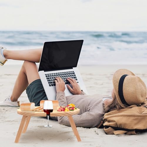 Beaupretty Portable Wooden Picnic Table with Wine Holder for Outdoor Camping and Parties, Foldable Round Wood Snack Table for Patio, Lawn, and Garden Use