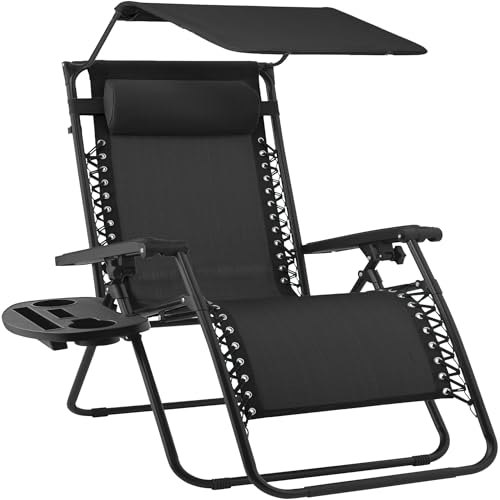 Best Choice Products 30” Wide Folding Zero Gravity Outdoor Recliner Patio Lounge Chair w/Adjustable Canopy Shade, Headrest, Side Accessory Tray - Black - color: Black, size: Oversized Extra Wide
