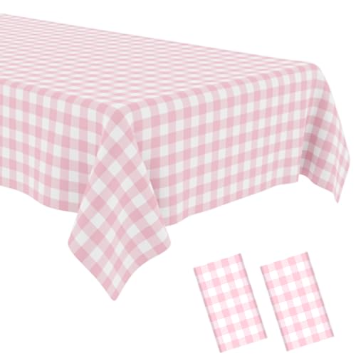 2 Pack Pink Gingham Tablecloth Pink and White Checkered Tablecloths Disposable Plastic Gingham Tablecovers Waterproof Rectangle Picnic Table Covers for Birthday Party Supplies，54 x 108 Inches - color: Pink and White Checkered, size: 54" x 108" Rectangular