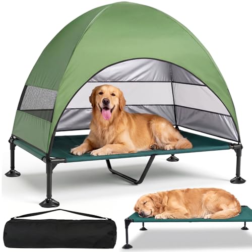 Elevated Outdoor Dog Bed with Canopy, Raised Dog Cot with Stable Adjustable Feet, Dog Camping Bed with Larger Shade, Lifted Dog Tent Bed with Canopy for Outside (Green, X-Large) - color: Green, size: X-Large