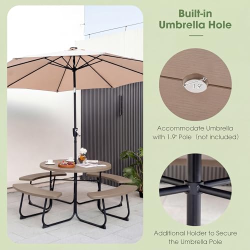 Giantex Picnic Table Set for Up to 8 Persons, Round Outdoor Table and Bench Set with Umbrella Hole, HDPE Top & Metal Frame, 2000LBS Capacity, Patio Table Bench for Deck Backyard Garden, Coral Reef - color: Coral Reef, size: Round-43"x43"x30"
