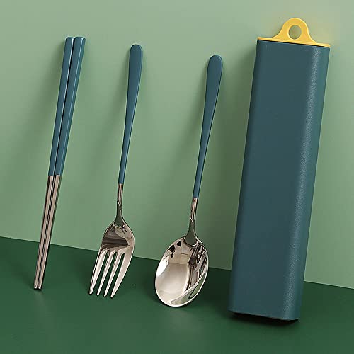 Traveling Cutlery Set, Portable Stainless Steel Outdoor Dinnerware with Shell, Reusable Chopsticks, Fork and Spoon Set, Pocket Cutlery for Picnic, Camping and Traveling (Green)