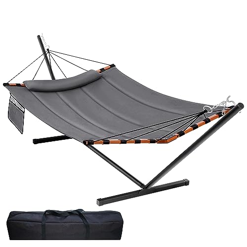 TegerDeger 12FT 2 Person Hammock with Stand Included 55 x 79IN Large Hammock 450LB Capacity with Hardwood Spreader Bar & Nylon Rope for Outside, Patio, Garden, Backyard, Beach - Deep Gray - color: Deep Gray