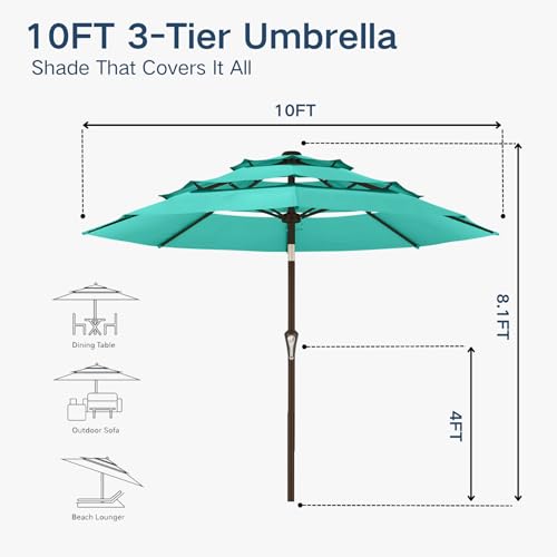 10FT Patio Umbrella 3 Tiers Outdoor Market Umbrella w/Push Button Tilt, Crank, UV and Waterproof Table Umbrella for Garden, Pool, Backyard, Deck, Lawn, Turquoise Blue - color: Turquoise Blue