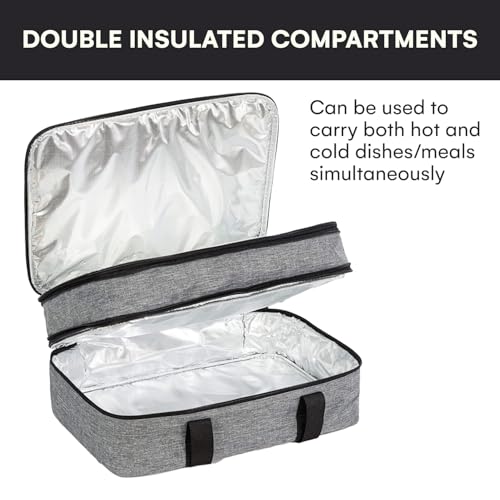VP Home Large Casserole Carrier - Double Compartment Insulated Bag for Hot or Cold Food - Cupcake Carrier - Insulated Tote Bag with Lid for Travel Parties or Food Transport Containers - Heather Gray - color: Double Heather Gray